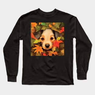 An Adorable Puppy in Beautiful Autumn Leaves Long Sleeve T-Shirt
